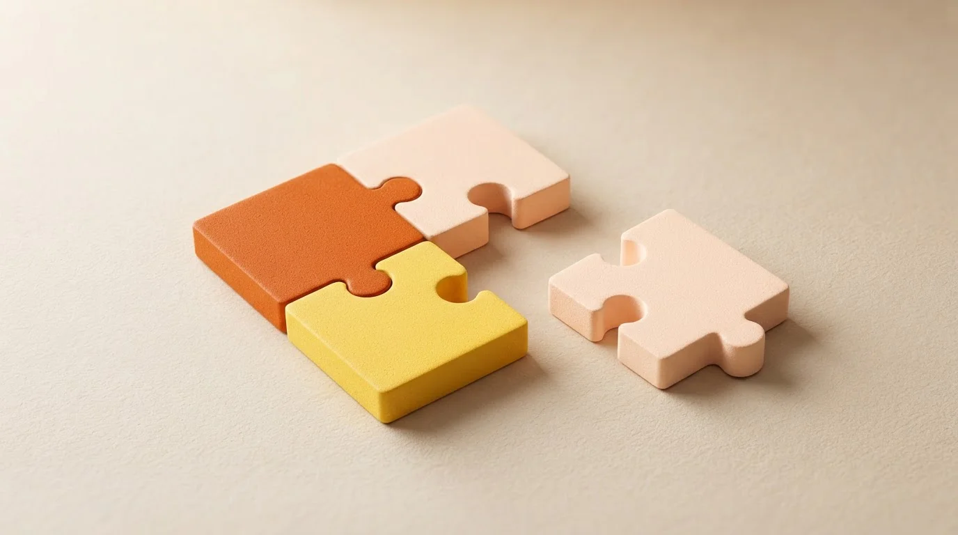Vier zusammenpassende Puzzleteile auf einer einfarbigen Unterlage