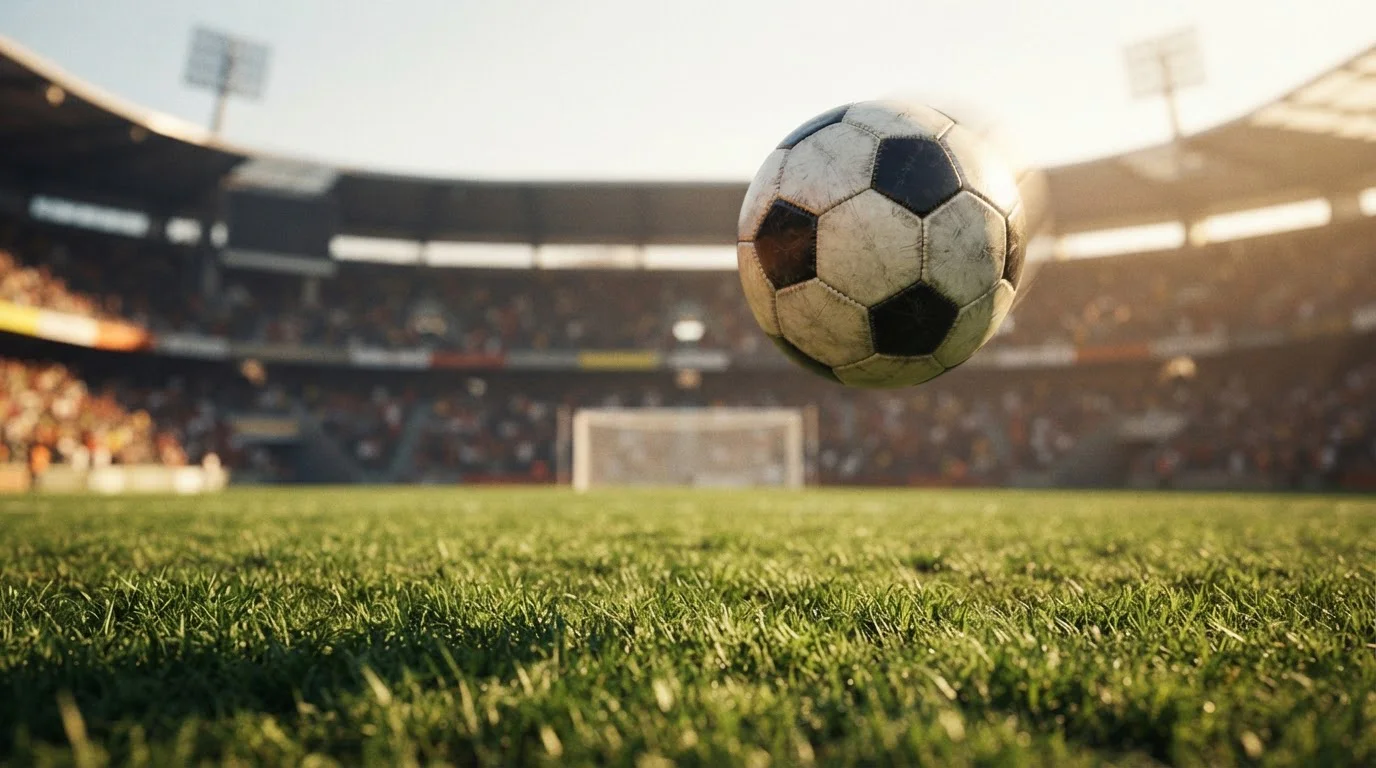 Ein Fußball fliegt über das Spielfeld vor einer Torlinie