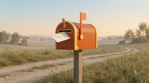 Briefkasten mit aufgestellter Fahne und eingeworfenem Umschlag