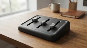 Mechanische Schieberegler auf einem aufgeräumten Schreibtisch